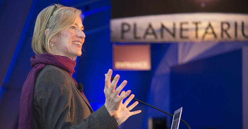 Jennifer Doudna speaking at an event at The Lawrence Hall of Science