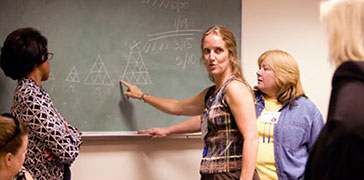 A group of teachers during a professional learning activity standing at a chalkboard