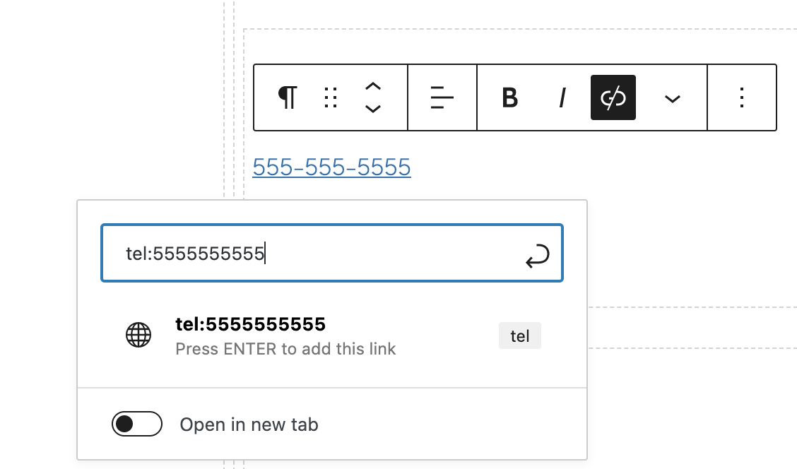 Screenshot of making a telephone number a link