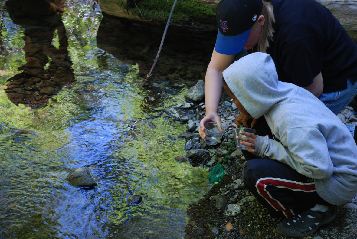 A student conducts a science experiment with creek water