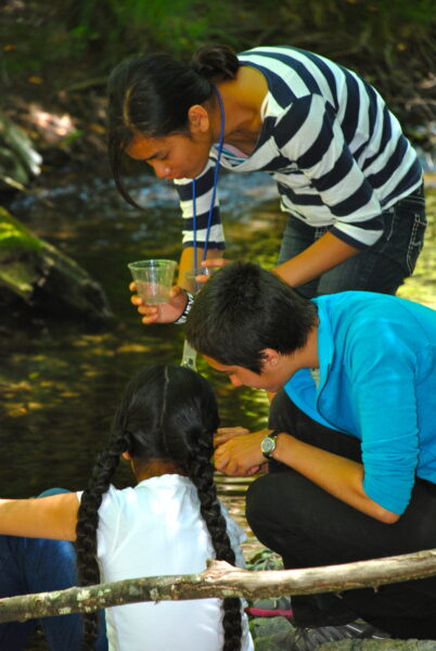 Three youth are investigating water from a creek