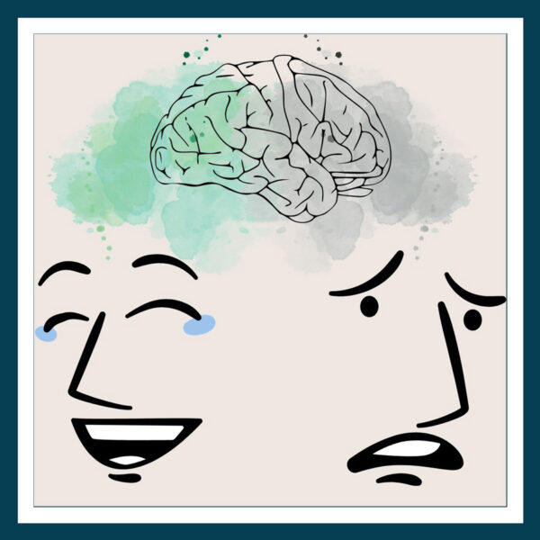 A drawing of a sad and happy face and a brain