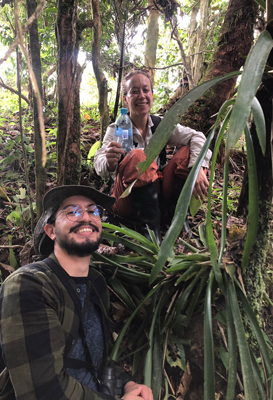 Dr. Rebecca Tarvin and colleague studying frogs in forest