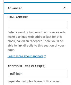 Adding the class name pdf-icon in the block editor