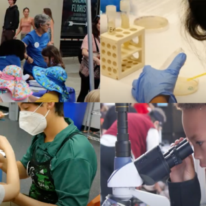 A collage of four photos of students engaged in science activities at The Lawrence and in the community