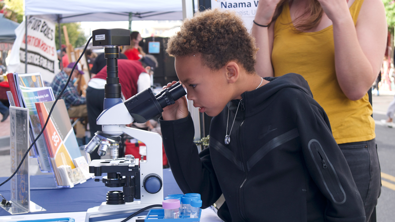 A student looks through a microscope