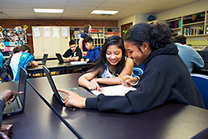 Two students are working together at a desk with a laptop.
