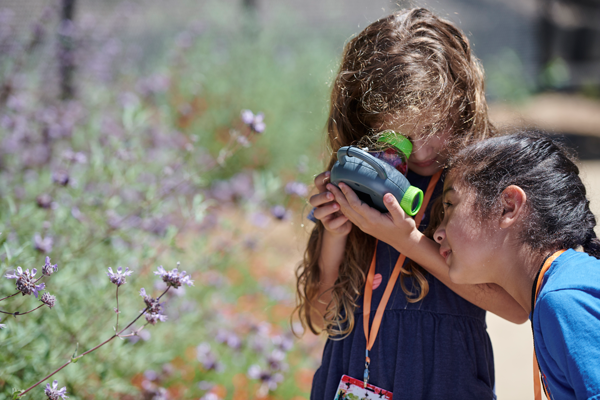 Two children are examining nature in the Outdoor Nature Lab