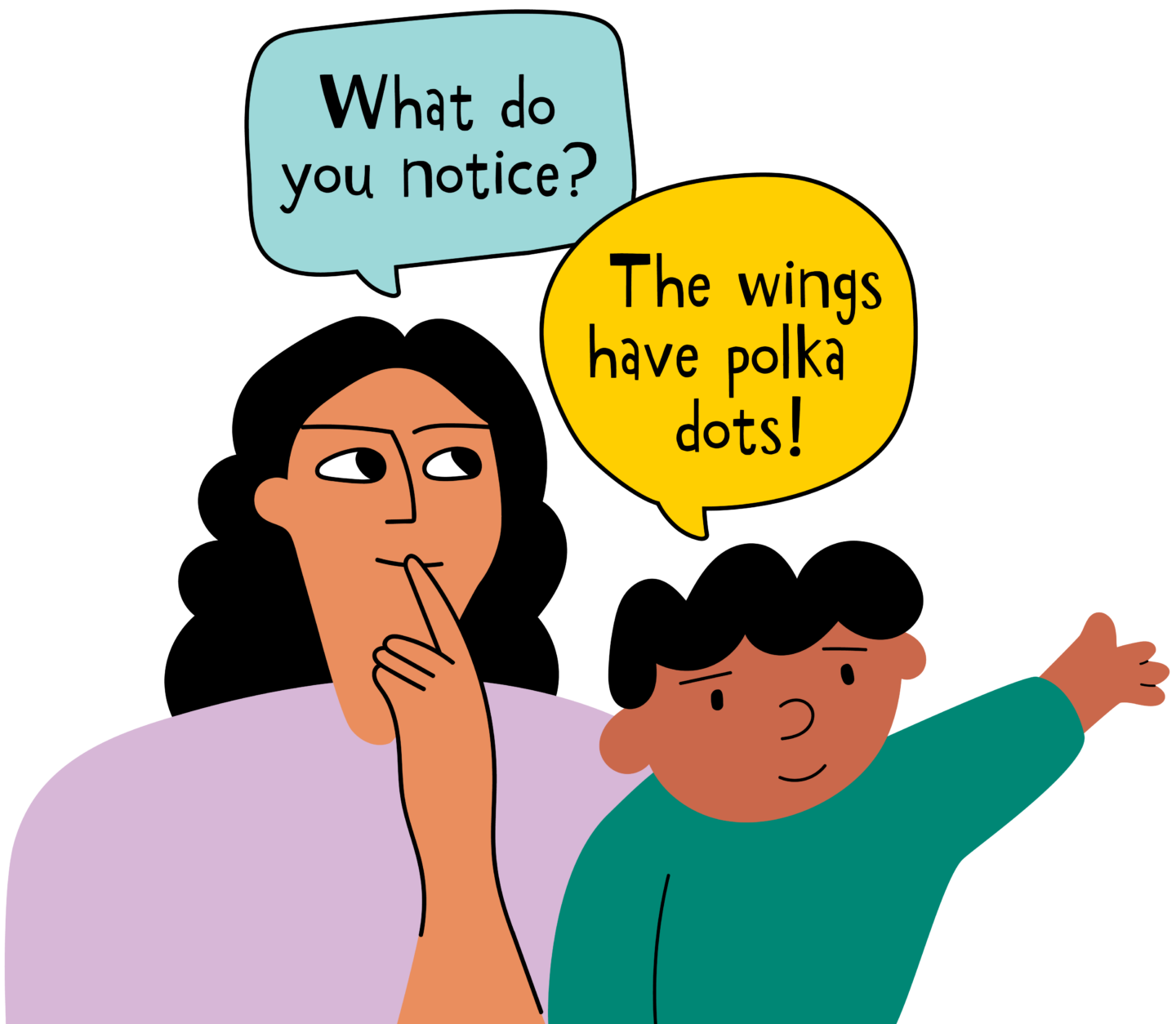 Adult asking child, "What do you notice?" and child answering, "The wings have polka dots!"