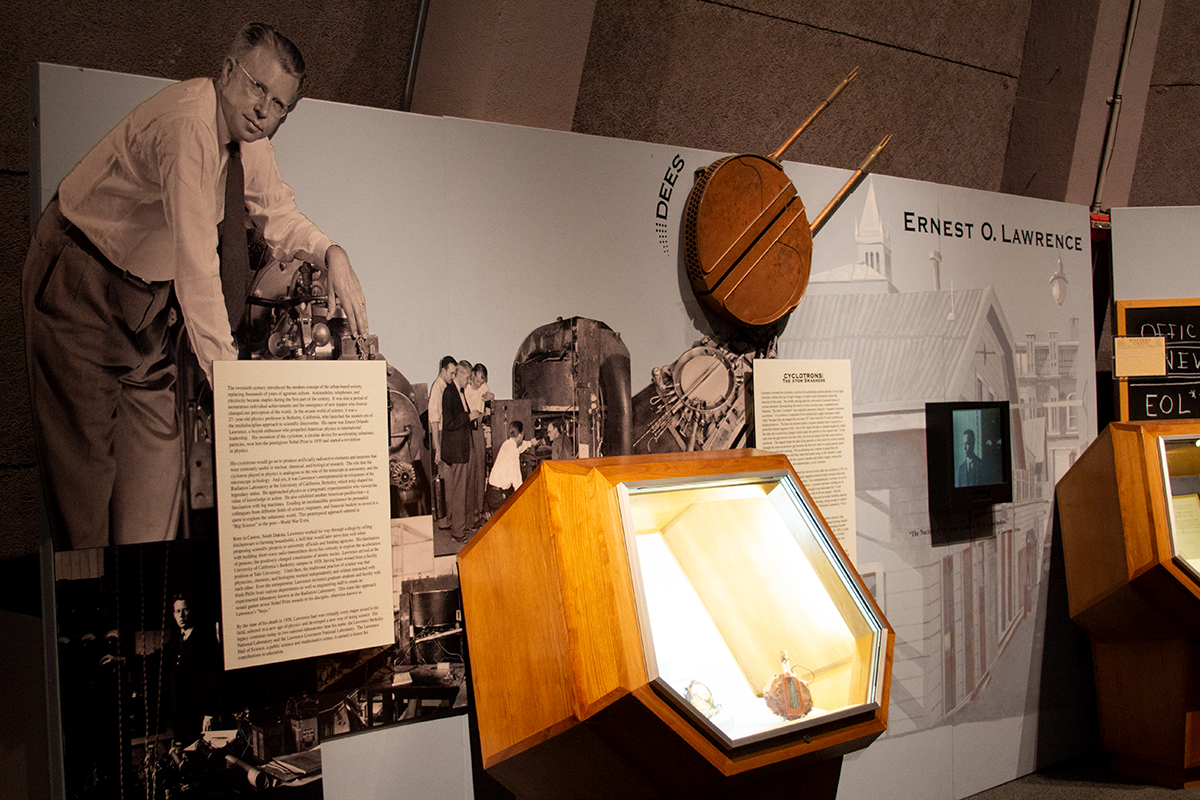 A view of the text panels and display cases in the Ernest O. Lawrence exhibit.