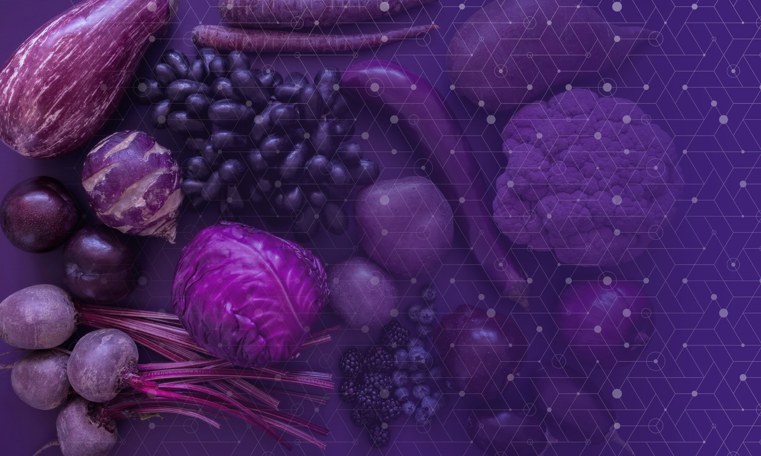 closeup of purple vegetables (eggplant, cabbage, beets, carrots, cauliflower) on a purple tablecloth