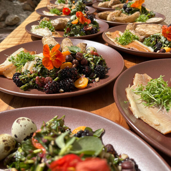 A table is filled with dishes of food prepared by Cafe Ohlone