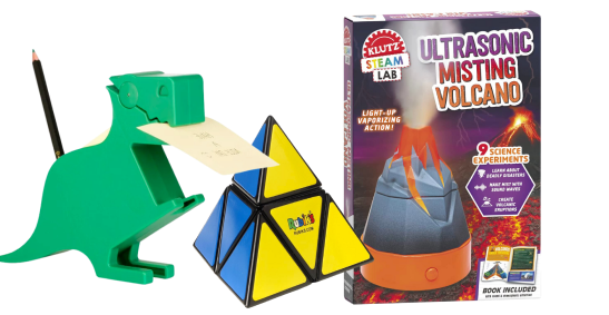Holiday gift guide items: dinosaur memo holder, Rubiks Triangle, and ultrasonic misting volcano kit