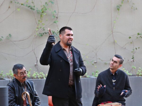 Cafe Ohlone co-founders Vincent Medina and Louis Trevino with a tribal elder at a Lawrence Hall of Science event
