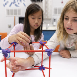 Two girls working on a physics activity in the classroom