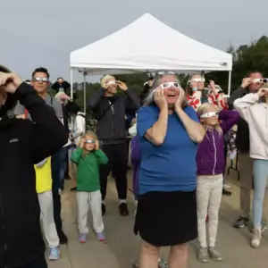 Crowd looking at solar eclipse with eclipse glasses