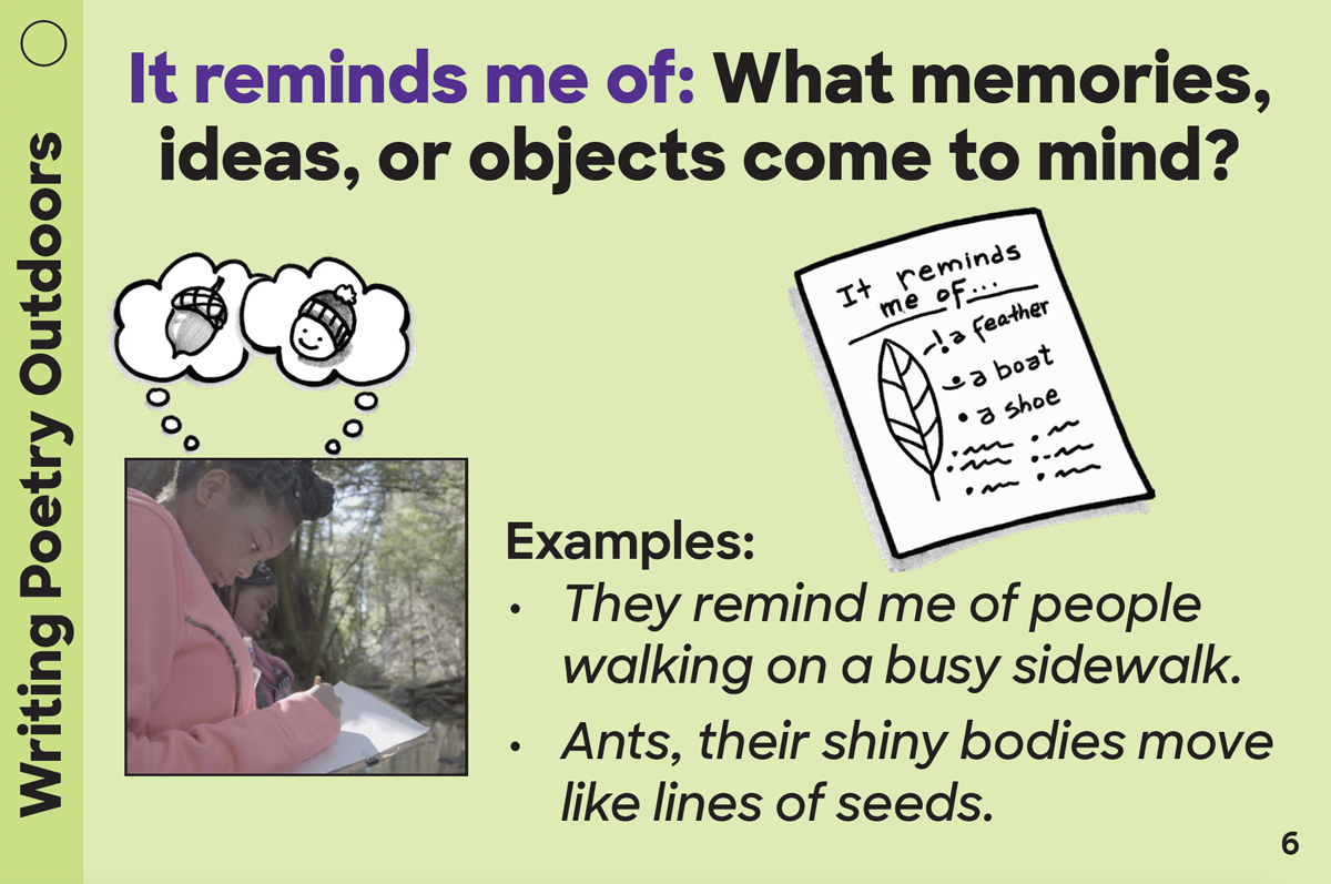 Writing Poetry Outdoors Card: It reminds me of: What memories, ideas, or objects come to mind? Examples: They remind me of people walking on a busy sidewalk. Ants, their shiny bodies move like lines of seeds.