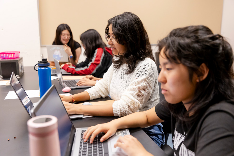 Students working on laptops participate in an AI program. 