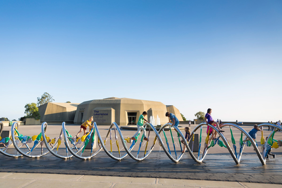 Children climb on the DNA Sculpture at The Lawrence Hall of Science