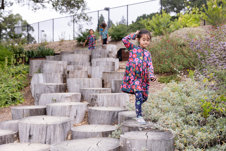 A child walks down the stump stairs in the Outdoor Nature Lab.