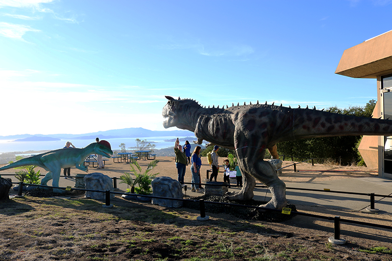 Visitors walk amongst life-sized animatronic dinosaurs