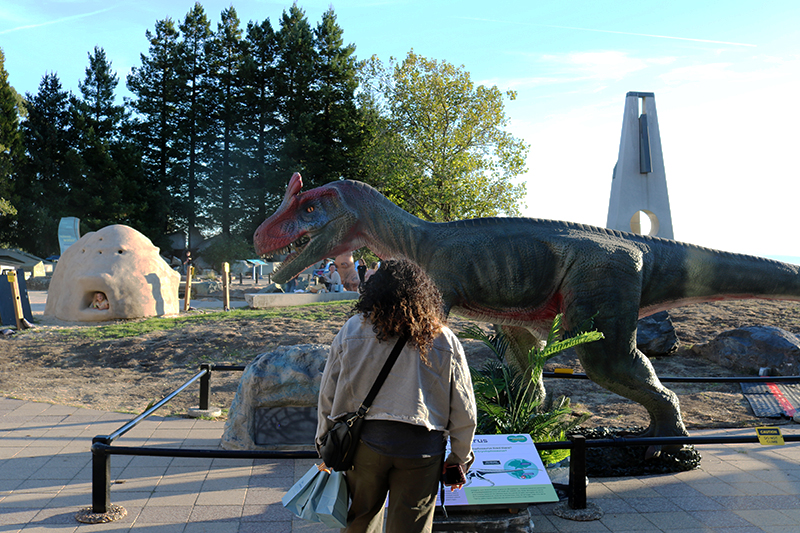 A visitor looks at the cryolophosaurus in Dinosaur Lookout