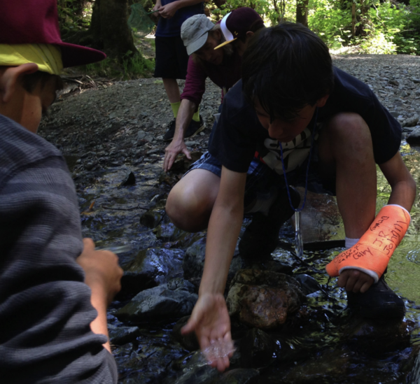 A young person kneels by a stream and dips their hand in the water.