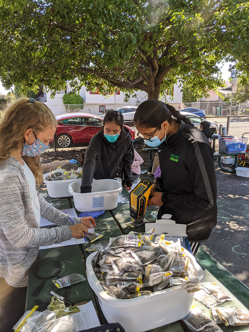 Teen scientists outdoors using scientific equipment to analyze soil samples