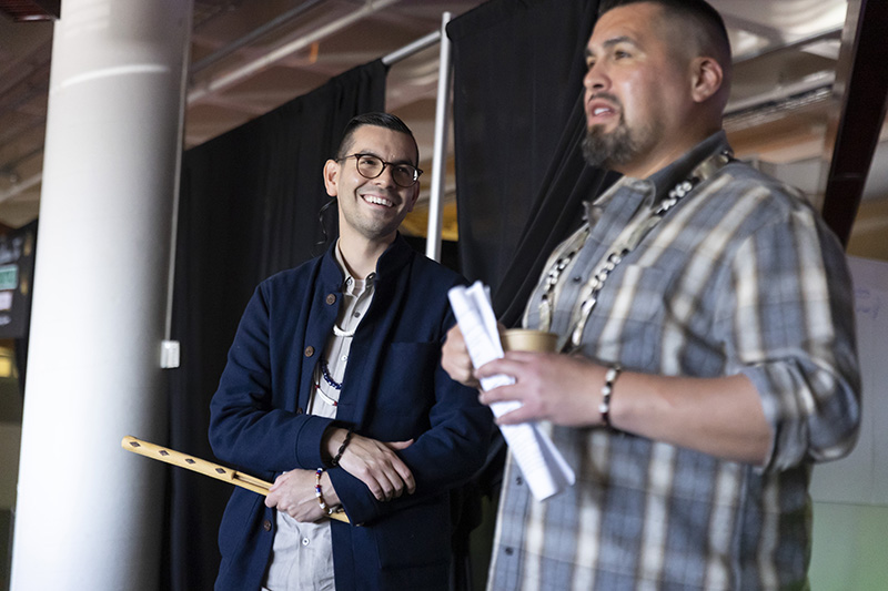 Vincent & Louis address a gathering of the tappenekšekma, Ohlone Science Diplomats