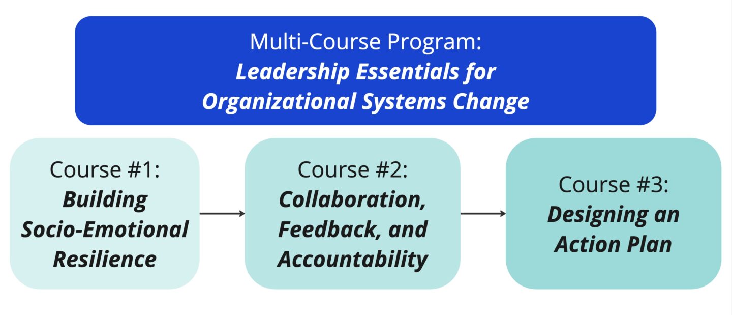 Diagram of multi-course program. The diagram shows three sequential learning courses: 1) Building Socio-Emotional Resilience; 2) Collaboration, Feedback, and Accountability; and 3) Designing an Action Plan. 