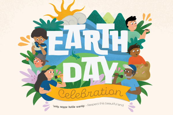 Illustration of diverse people celebrating Earth Day. The text 