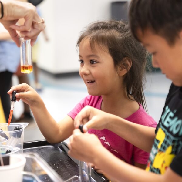 Children engaged in a science activity, using droppers to mix liquids, with an adult holding a test tube nearby.