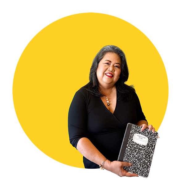 Community Science Hero Leonor Rebosura, holding a composition notebook
